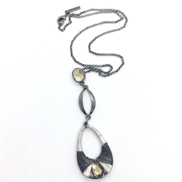 3/$30 NINE WEST GUNMETAL SILVER TONE WIRE WRAP YELLOW CRYSTAL PENDANT NECKLACE - Picture 4 of 12
